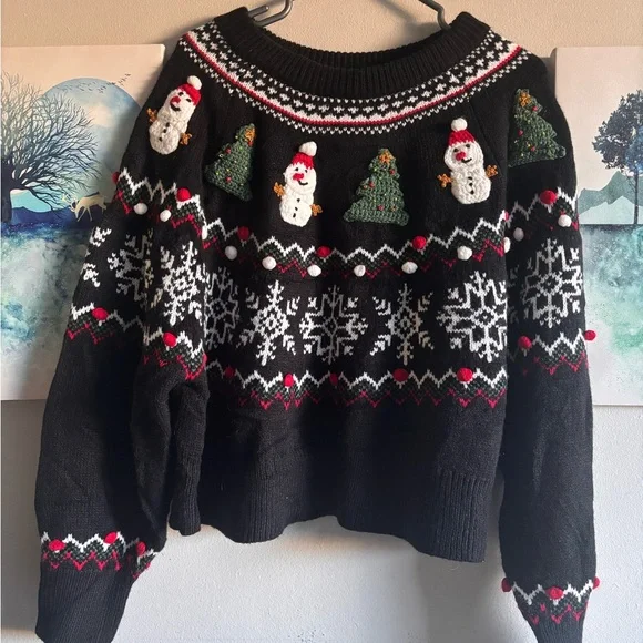 Zara Christmas Snowman Tree Knit Sweater Pullover Holiday Sweater Size Small - Picture 4 of 6